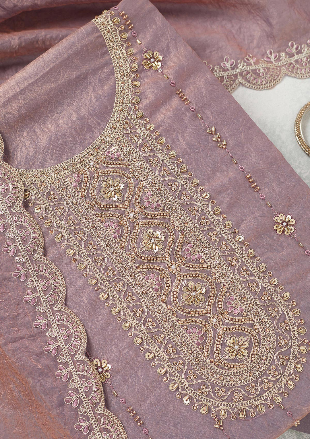 Lavender Tissue Cutdana Unstitched Dress Material With Matching Bottom And Dupatta