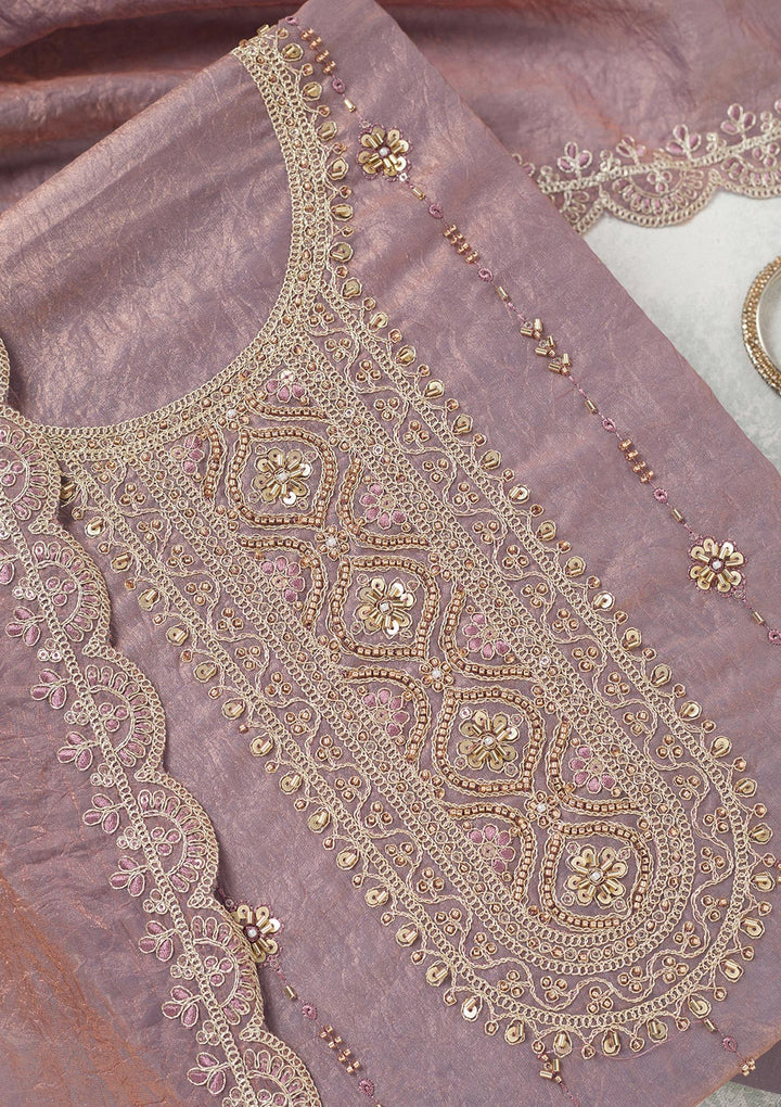 Lavender Tissue Cutdana Unstitched Dress Material With Matching Bottom And Dupatta
