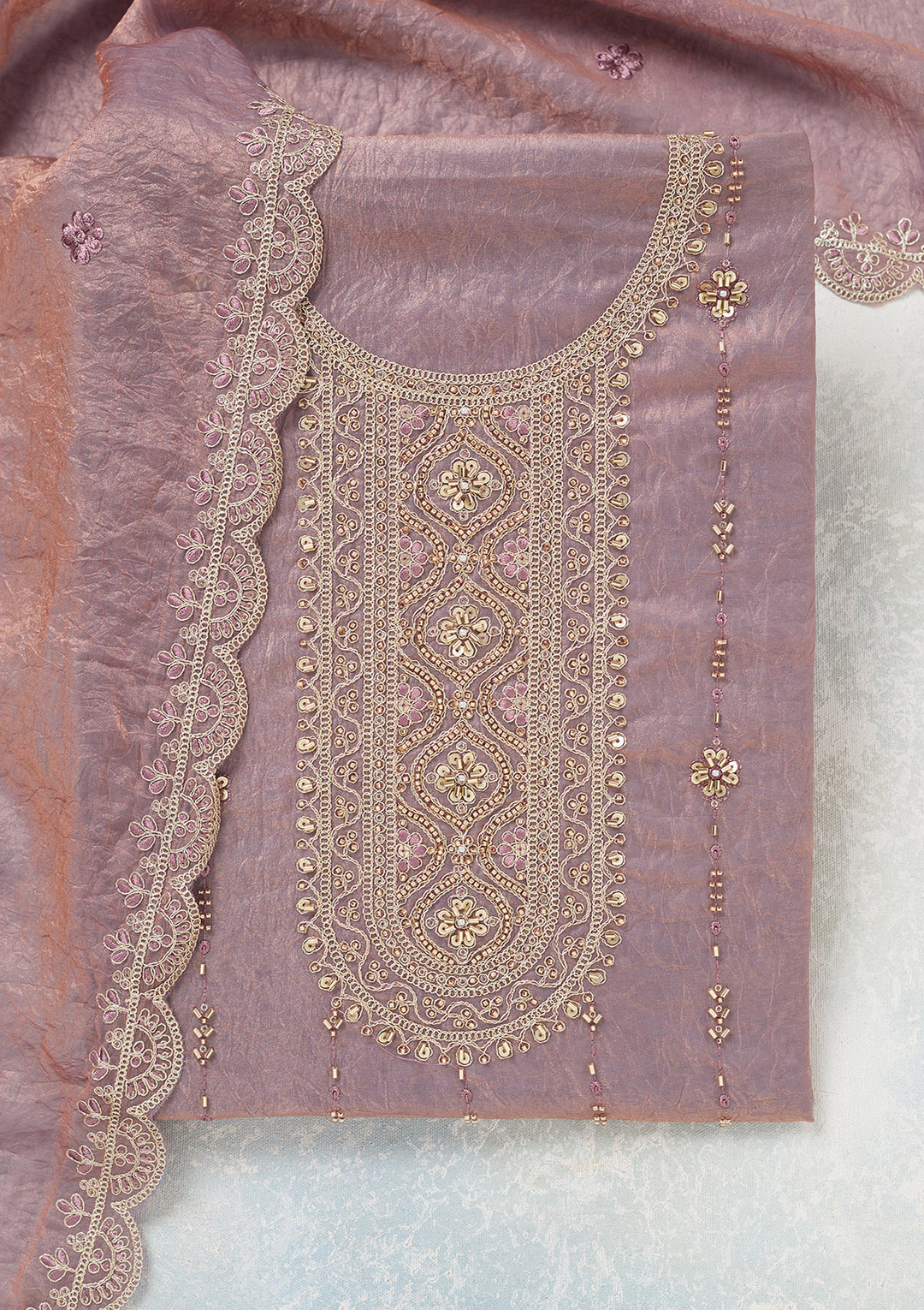 Lavender Tissue Cutdana Unstitched Dress Material With Matching Bottom And Dupatta