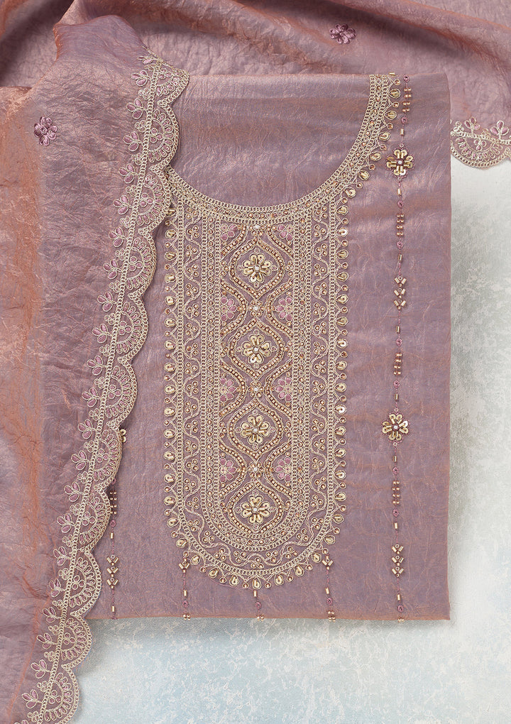 Lavender Tissue Cutdana Unstitched Dress Material With Matching Bottom And Dupatta