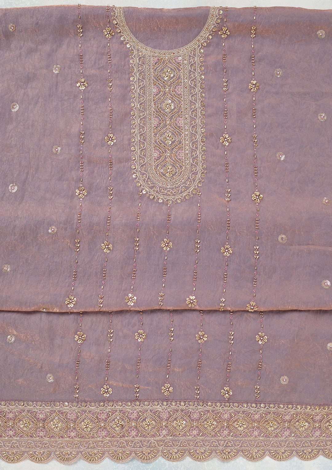 Lavender Tissue Cutdana Unstitched Dress Material With Matching Bottom And Dupatta