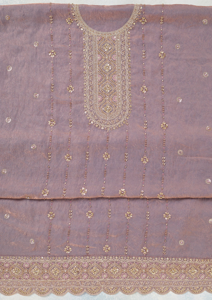 Lavender Tissue Cutdana Unstitched Dress Material With Matching Bottom And Dupatta