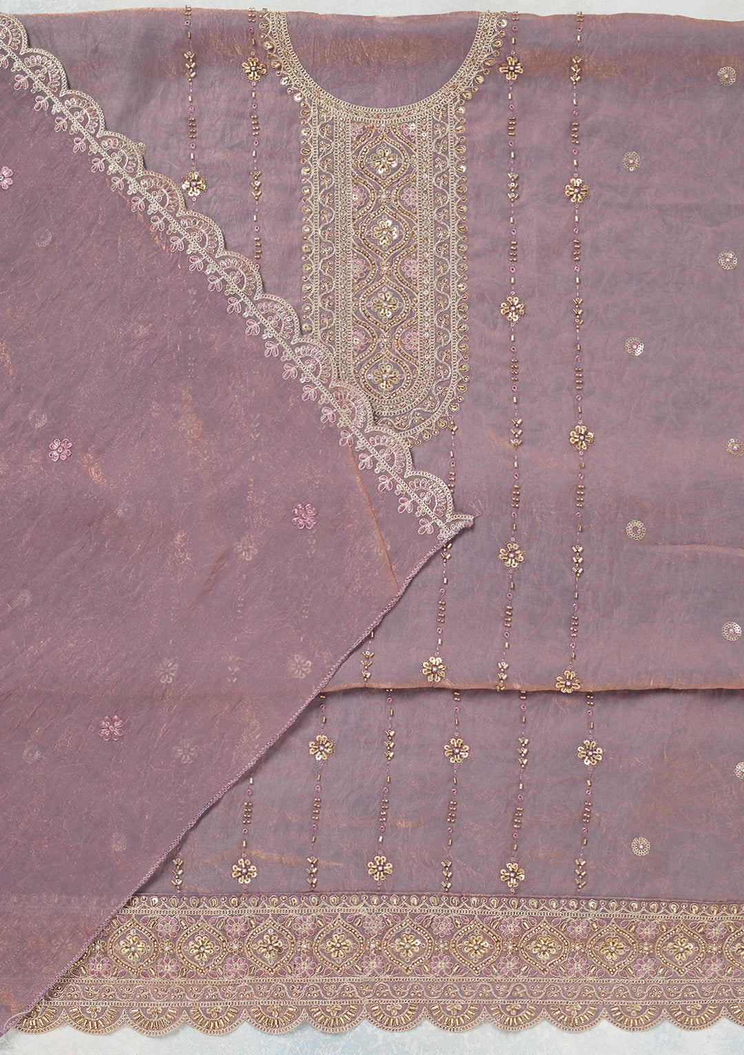 Lavender Tissue Cutdana Unstitched Dress Material With Matching Bottom And Dupatta