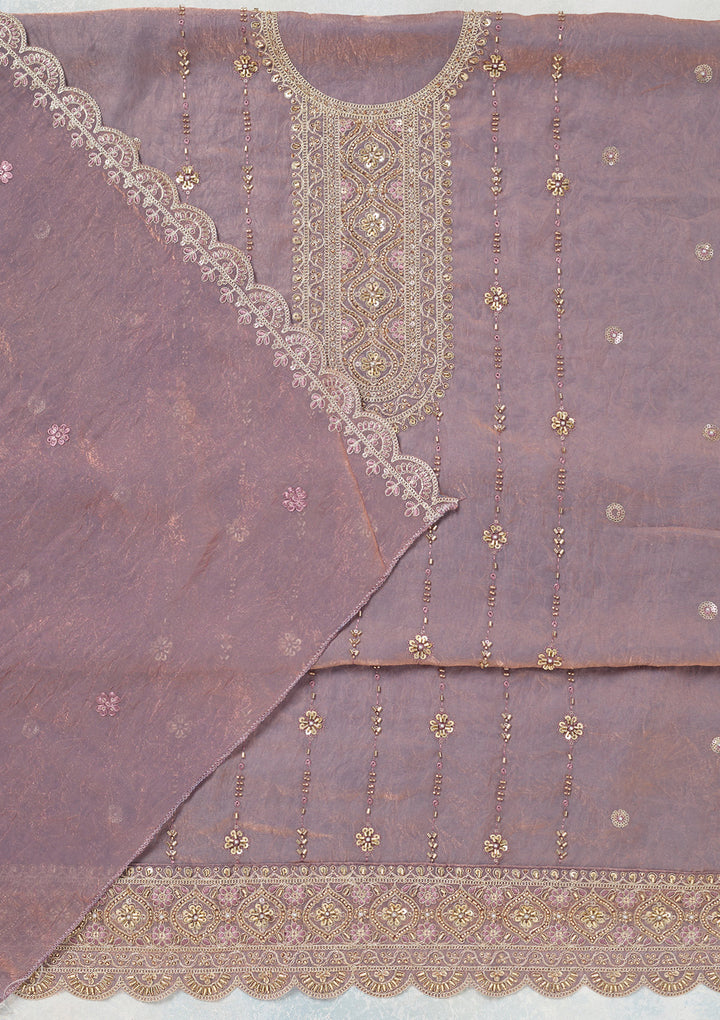 Lavender Tissue Cutdana Unstitched Dress Material With Matching Bottom And Dupatta