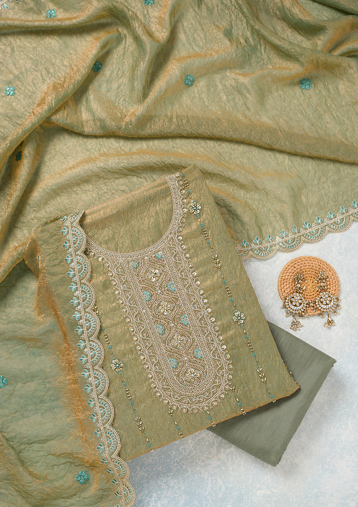 Pista Green Tissue Cutdana Unstitched Dress Material With Matching Bottom And Dupatta