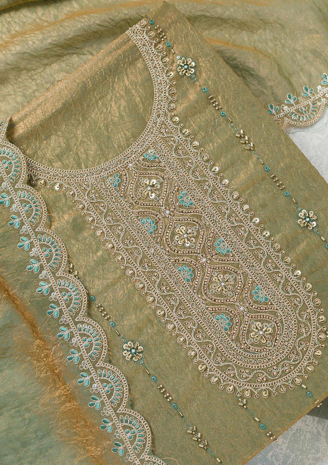 Pista Green Tissue Cutdana Unstitched Dress Material With Matching Bottom And Dupatta