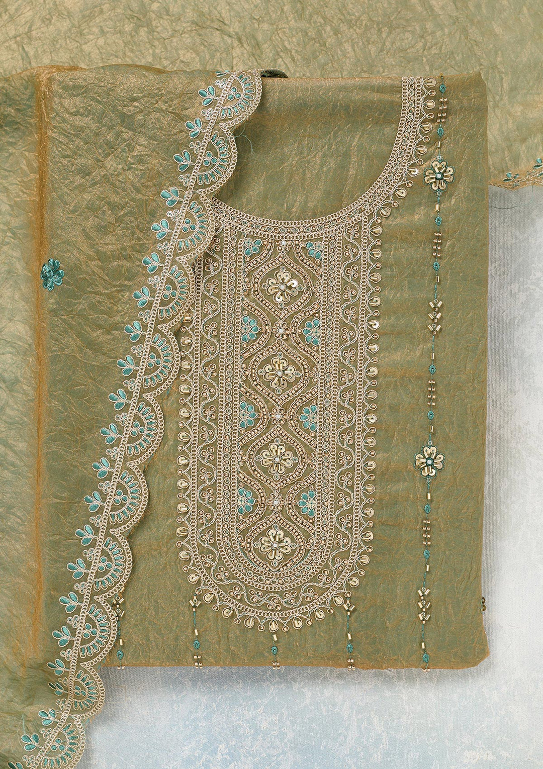 Pista Green Tissue Cutdana Unstitched Dress Material With Matching Bottom And Dupatta