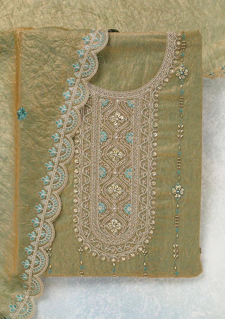 Pista Green Tissue Cutdana Unstitched Dress Material With Matching Bottom And Dupatta