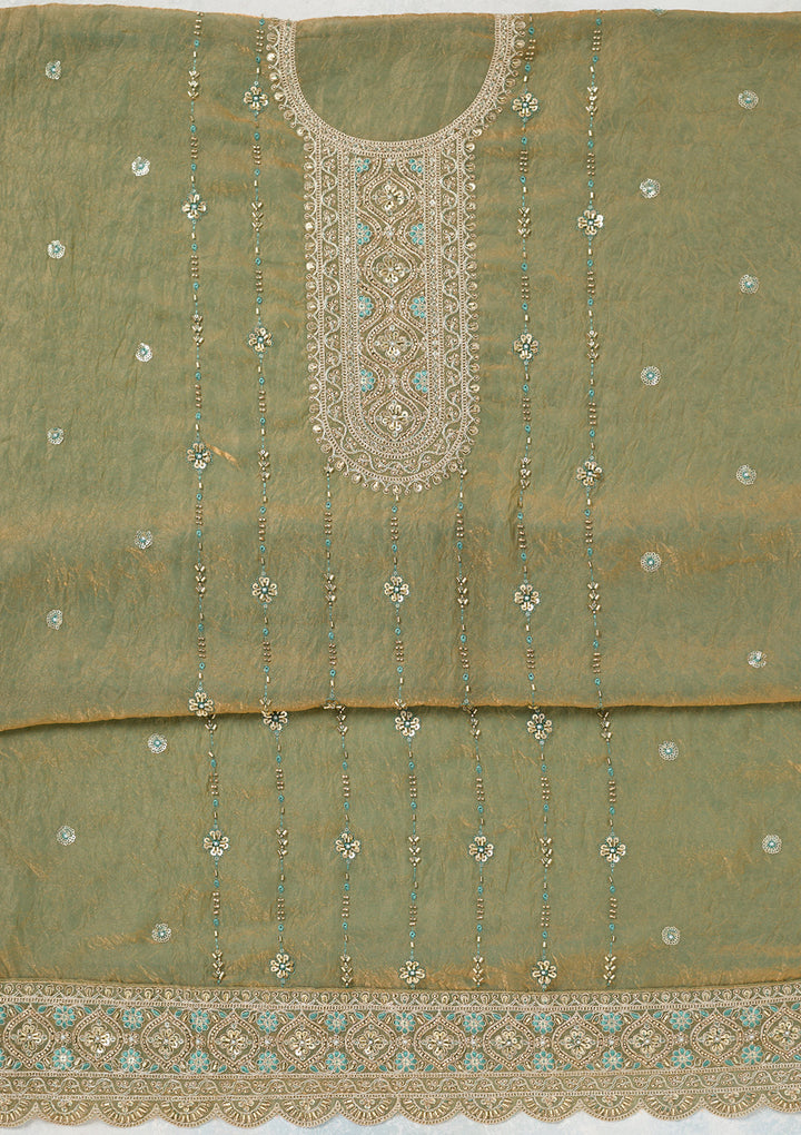 Pista Green Tissue Cutdana Unstitched Dress Material With Matching Bottom And Dupatta