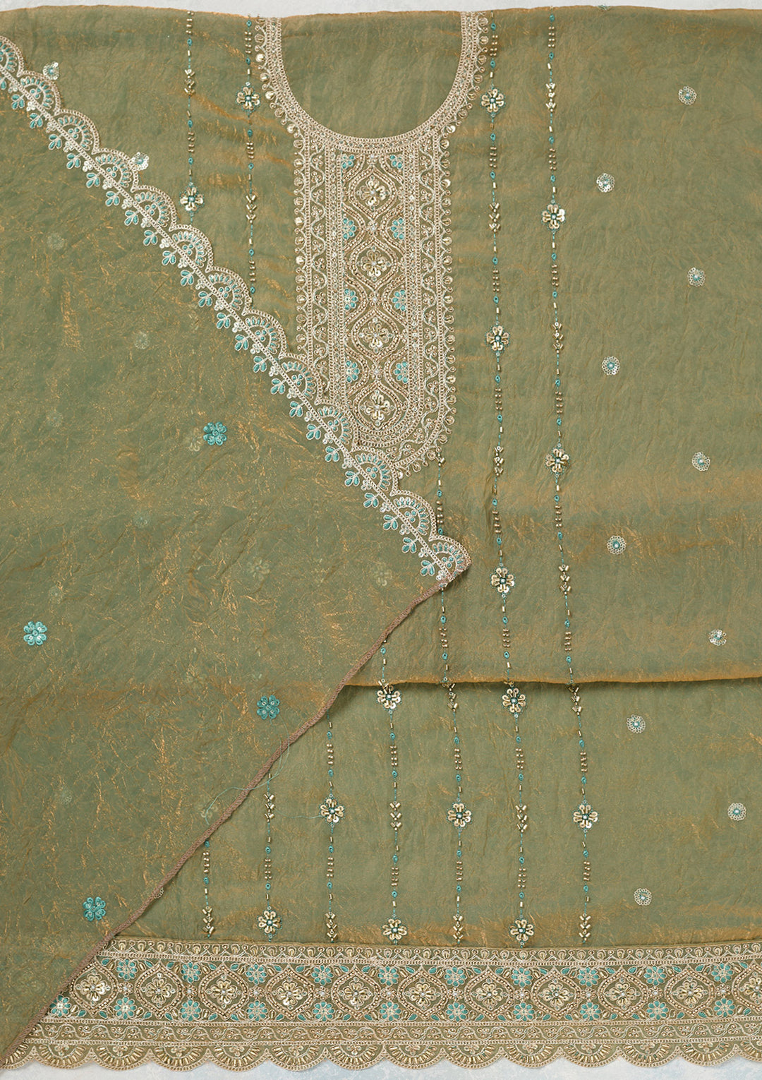 Pista Green Tissue Cutdana Unstitched Dress Material With Matching Bottom And Dupatta