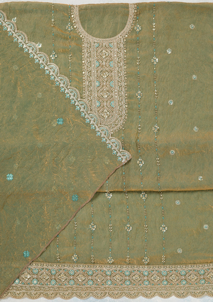 Pista Green Tissue Cutdana Unstitched Dress Material With Matching Bottom And Dupatta