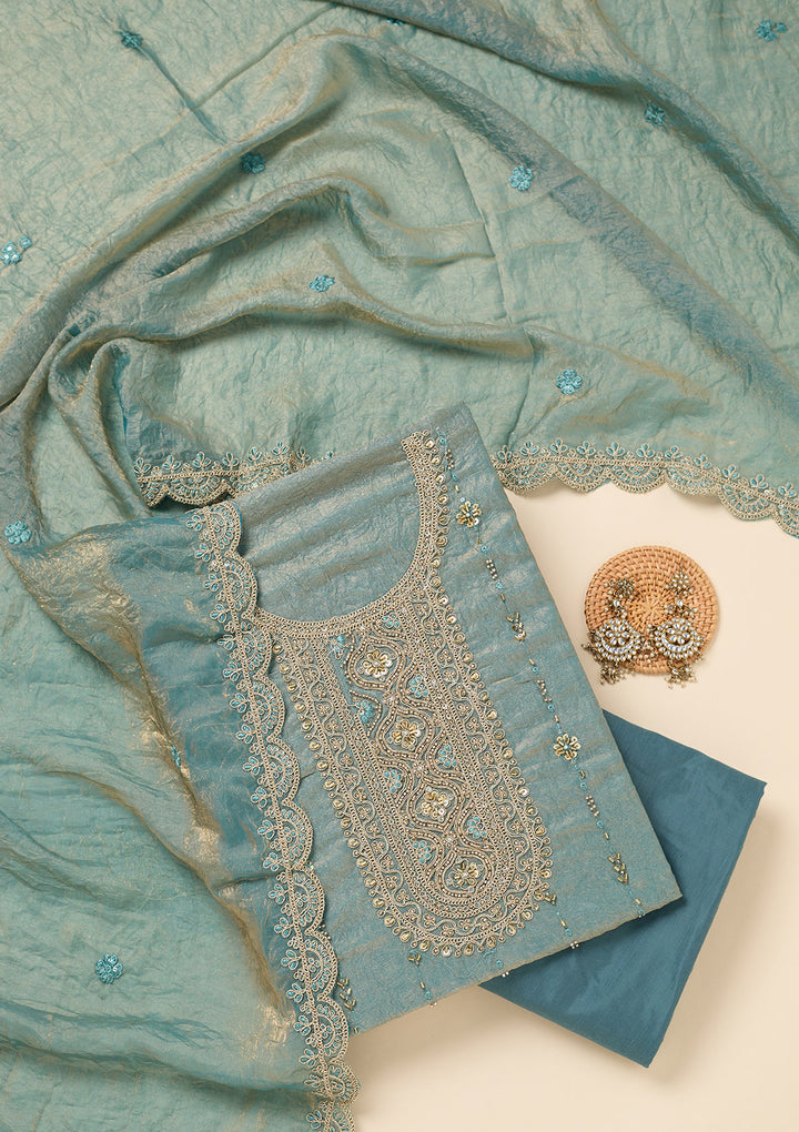 Sea Green Tissue Cutdana Unstitched Dress Material With Matching Bottom And Dupatta