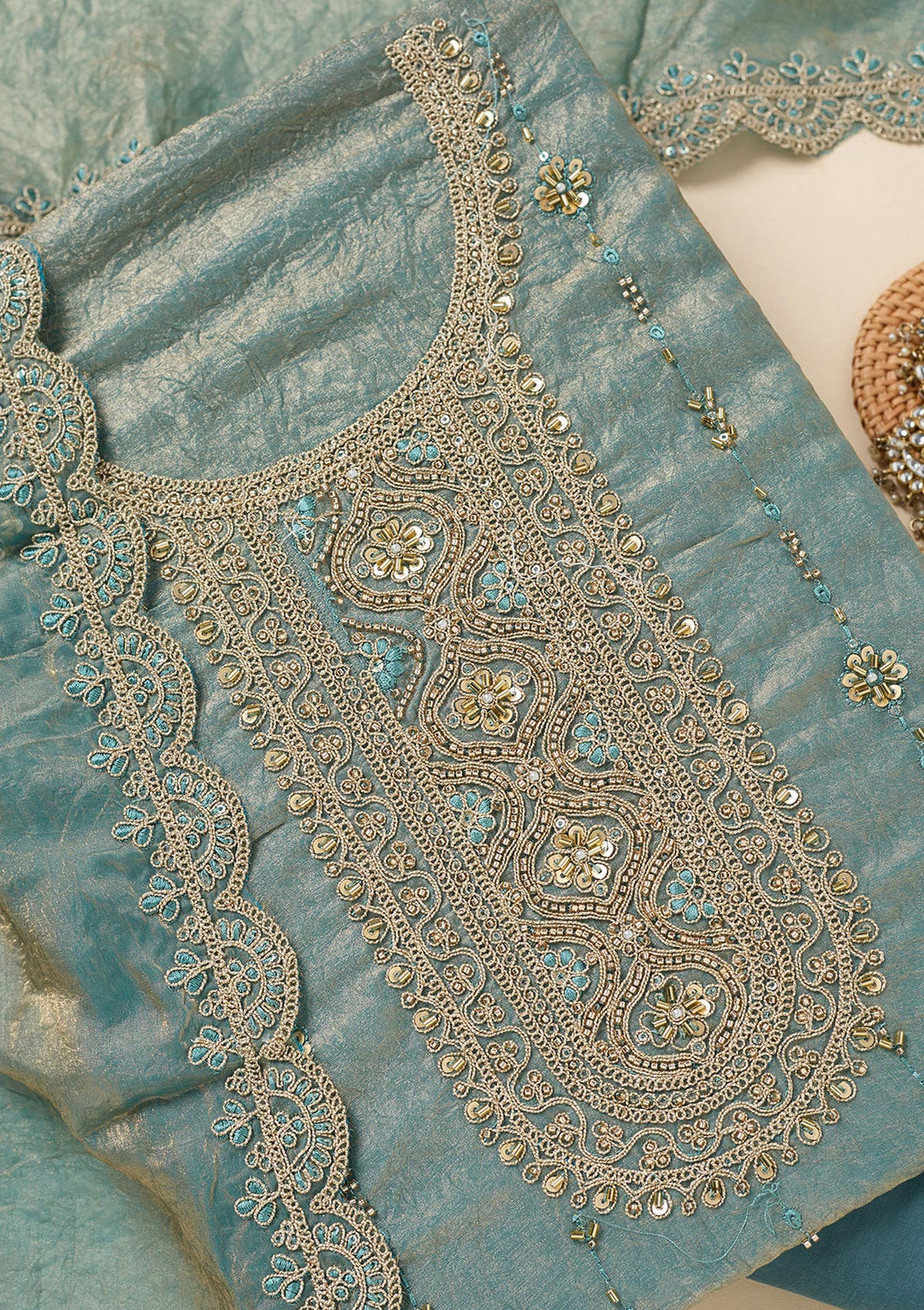 Sea Green Tissue Cutdana Unstitched Dress Material With Matching Bottom And Dupatta