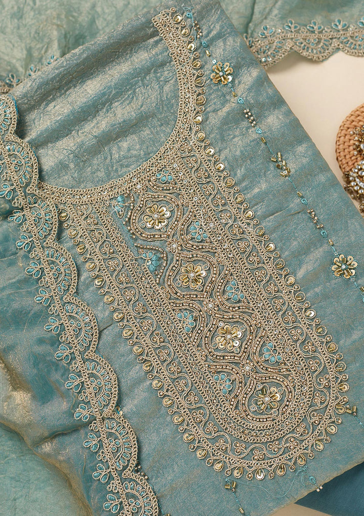 Sea Green Tissue Cutdana Unstitched Dress Material With Matching Bottom And Dupatta