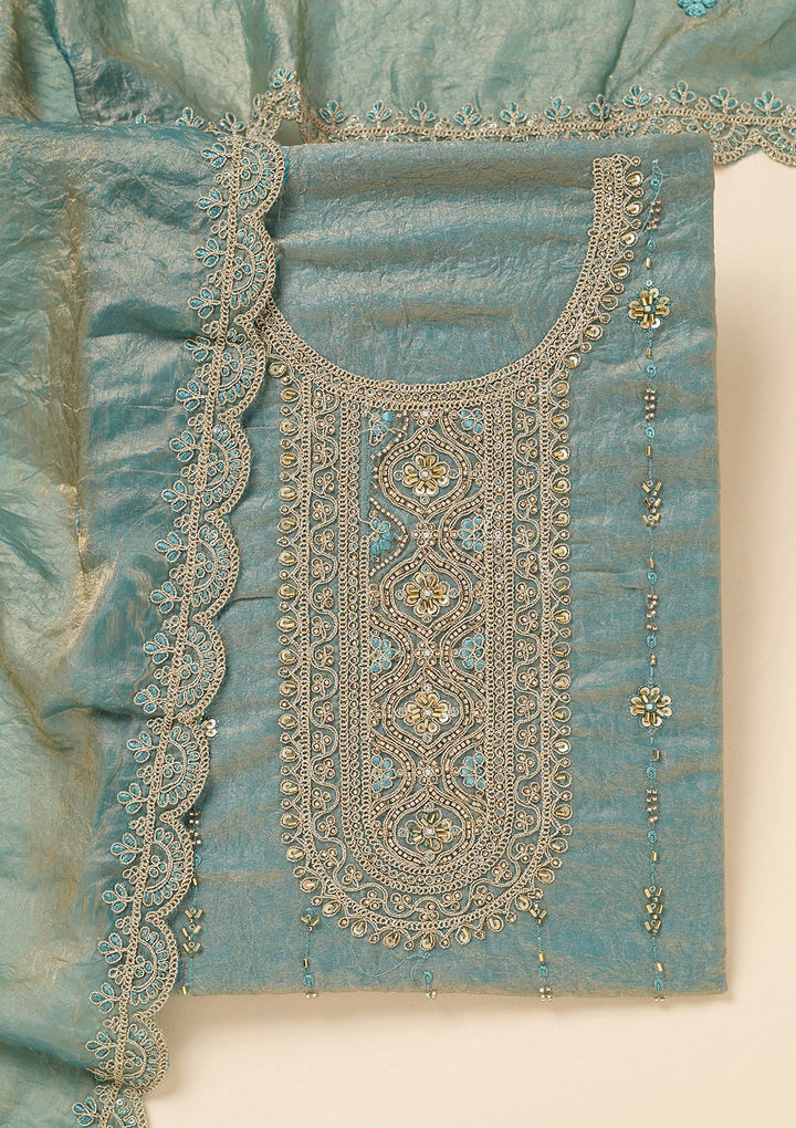Sea Green Tissue Cutdana Unstitched Dress Material With Matching Bottom And Dupatta