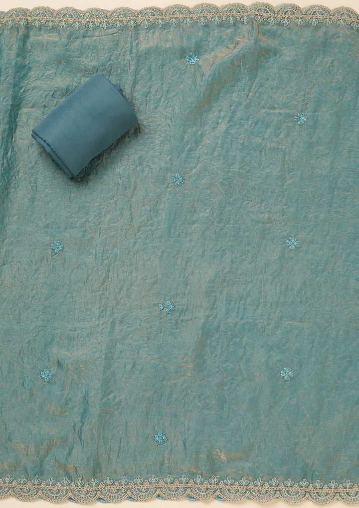Sea Green Tissue Cutdana Unstitched Dress Material With Matching Bottom And Dupatta
