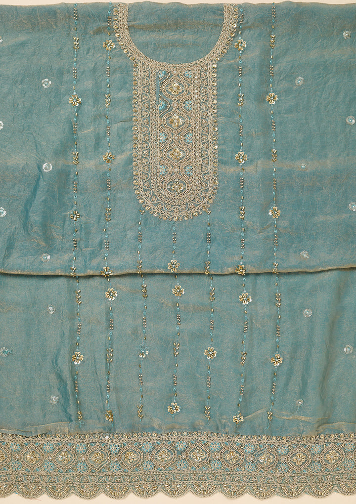 Sea Green Tissue Cutdana Unstitched Dress Material With Matching Bottom And Dupatta