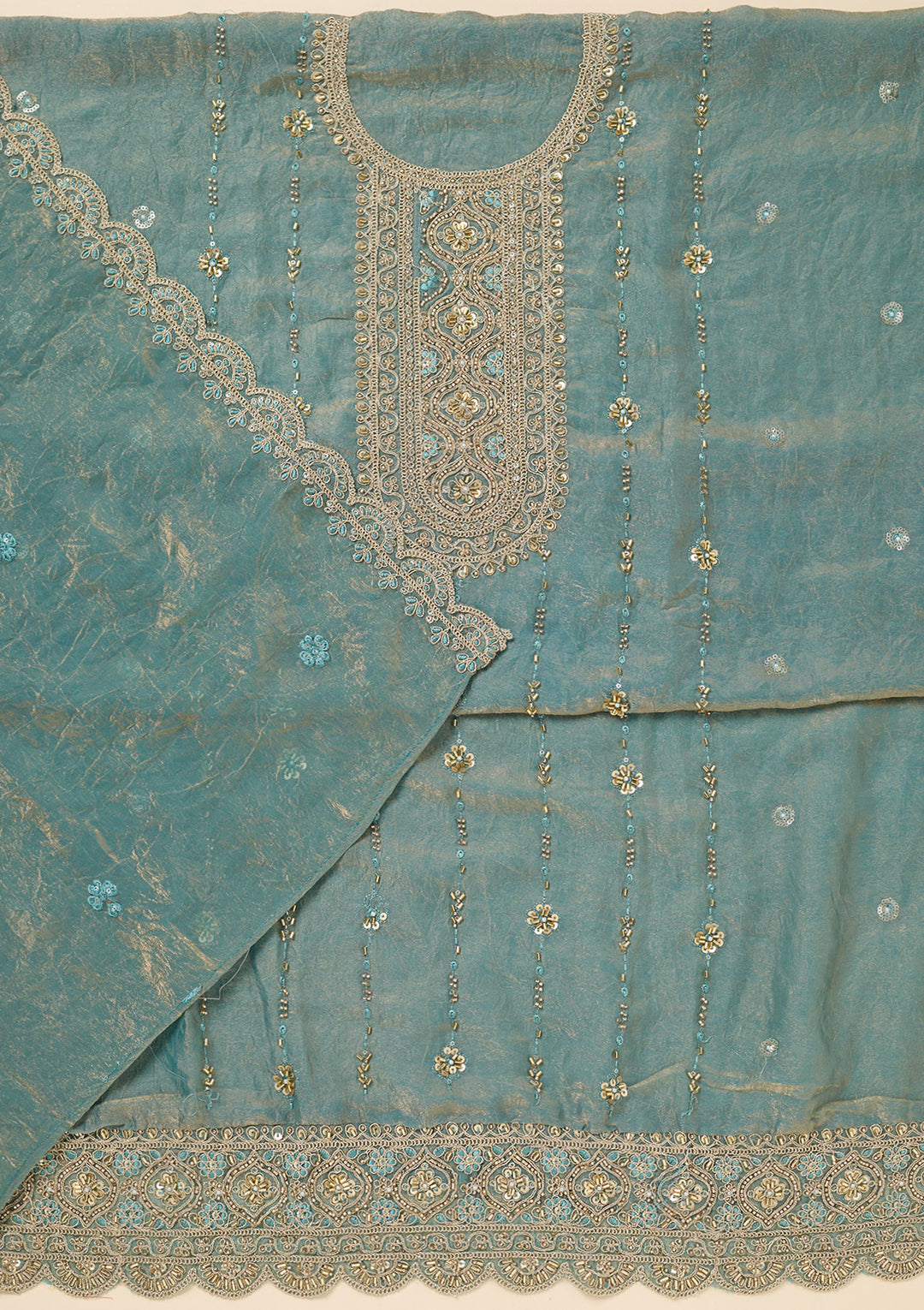 Sea Green Tissue Cutdana Unstitched Dress Material With Matching Bottom And Dupatta