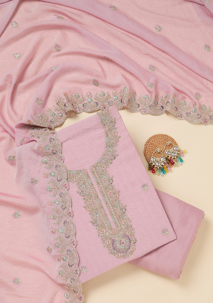 Pink Chinon Gold Zariwork Unstitched Dress Material With Matching Bottom And Dupatta