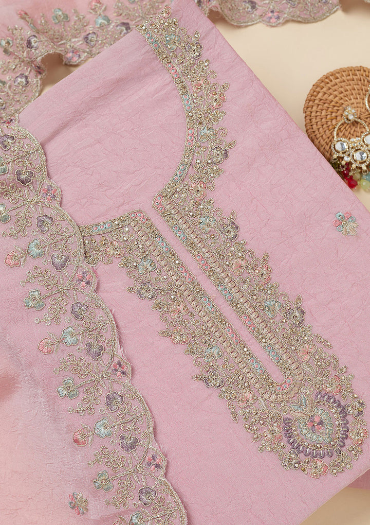 Pink Chinon Gold Zariwork Unstitched Dress Material With Matching Bottom And Dupatta