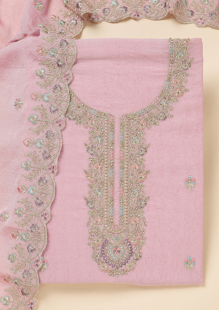 Pink Chinon Gold Zariwork Unstitched Dress Material With Matching Bottom And Dupatta
