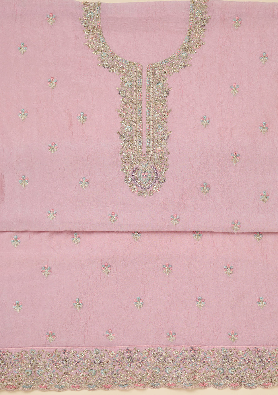 Pink Chinon Gold Zariwork Unstitched Dress Material With Matching Bottom And Dupatta
