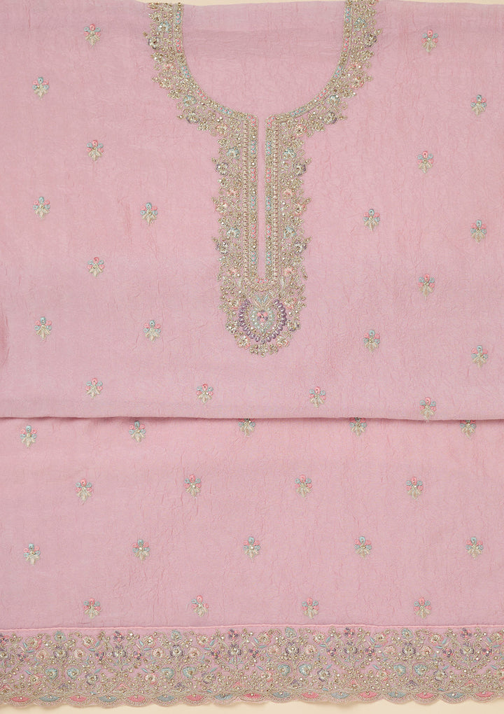 Pink Chinon Gold Zariwork Unstitched Dress Material With Matching Bottom And Dupatta
