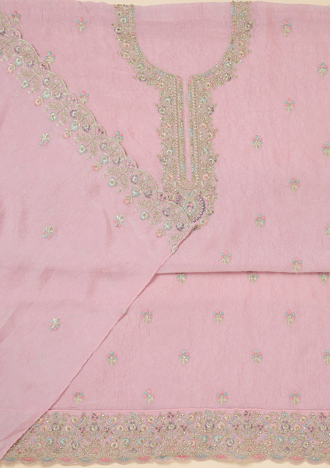 Pink Chinon Gold Zariwork Unstitched Dress Material With Matching Bottom And Dupatta