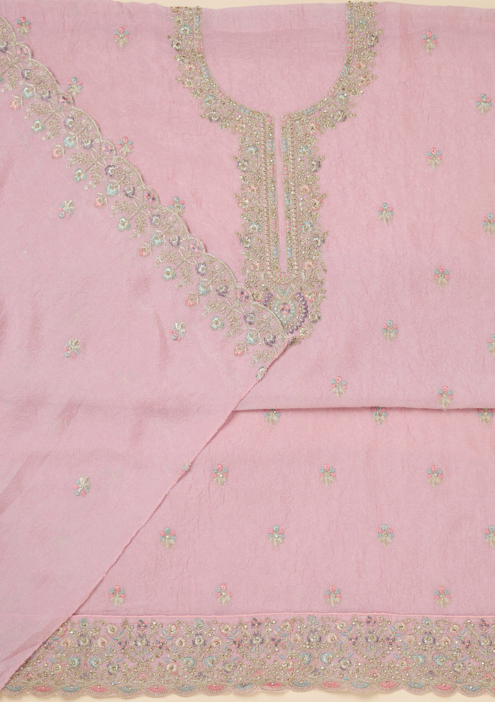 Pink Chinon Gold Zariwork Unstitched Dress Material With Matching Bottom And Dupatta