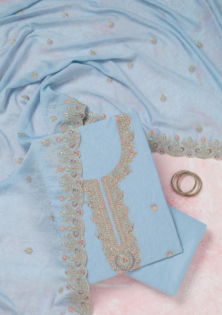 Sky Blue Chinon Gold Zariwork Unstitched Dress Material With Matching Bottom And Dupatta