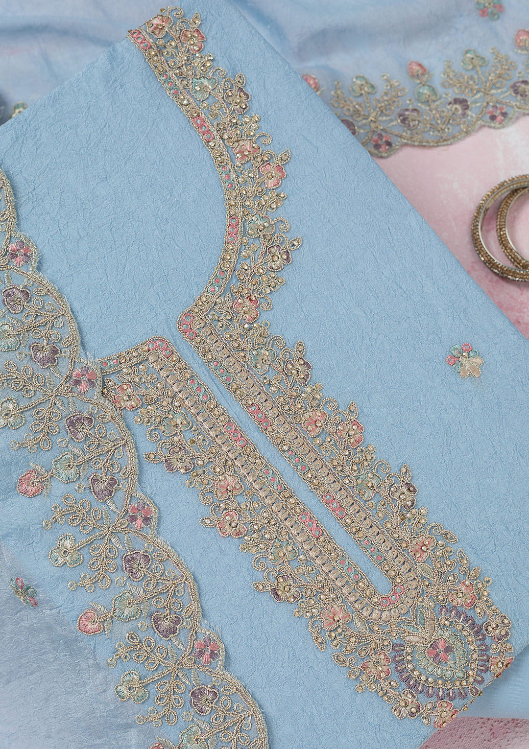 Sky Blue Chinon Gold Zariwork Unstitched Dress Material With Matching Bottom And Dupatta