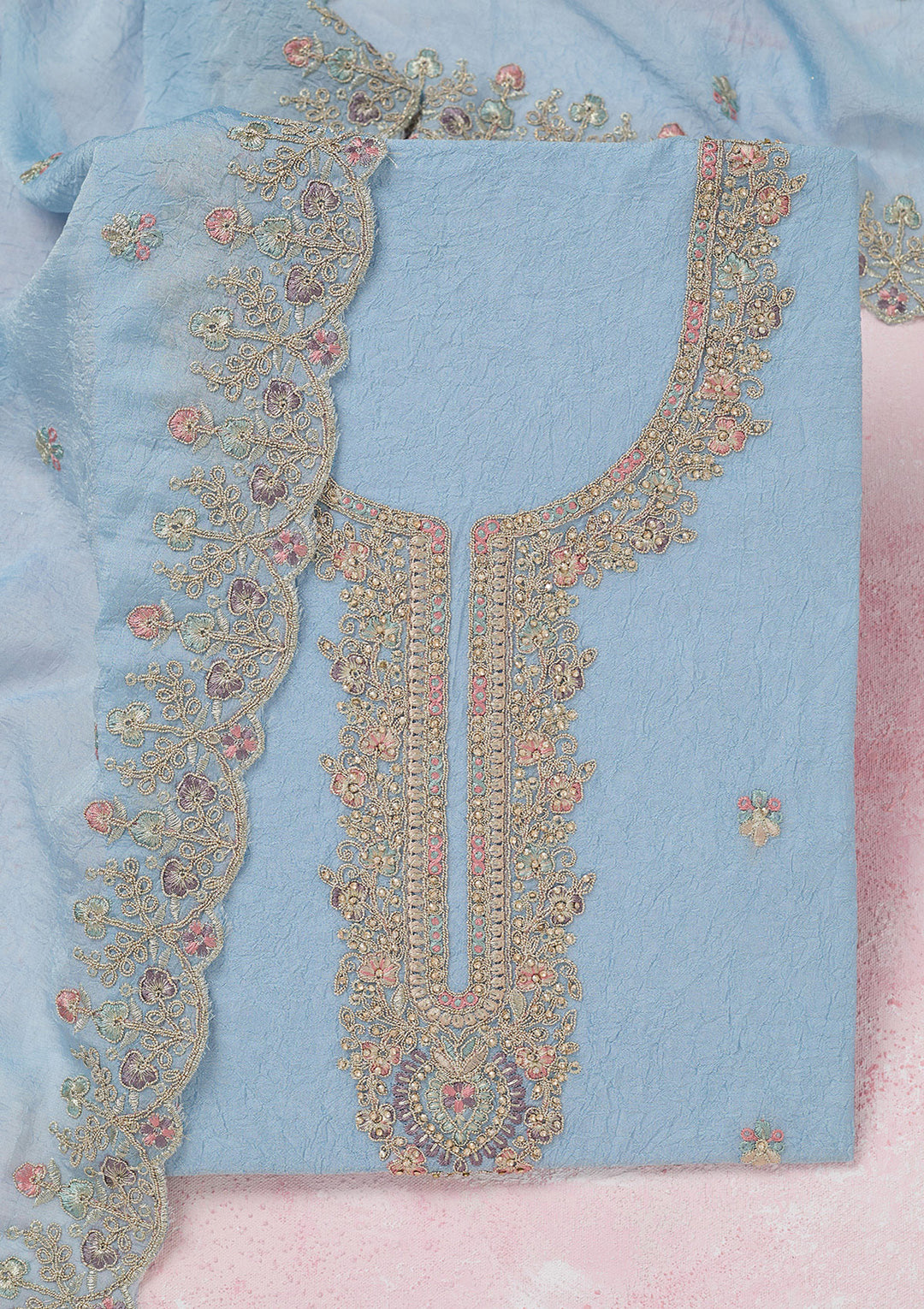 Sky Blue Chinon Gold Zariwork Unstitched Dress Material With Matching Bottom And Dupatta