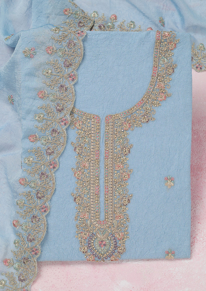 Sky Blue Chinon Gold Zariwork Unstitched Dress Material With Matching Bottom And Dupatta