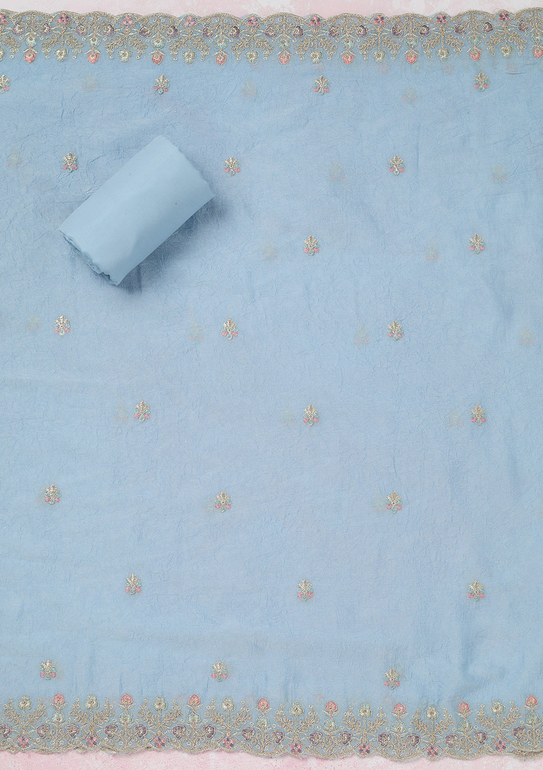 Sky Blue Chinon Gold Zariwork Unstitched Dress Material With Matching Bottom And Dupatta