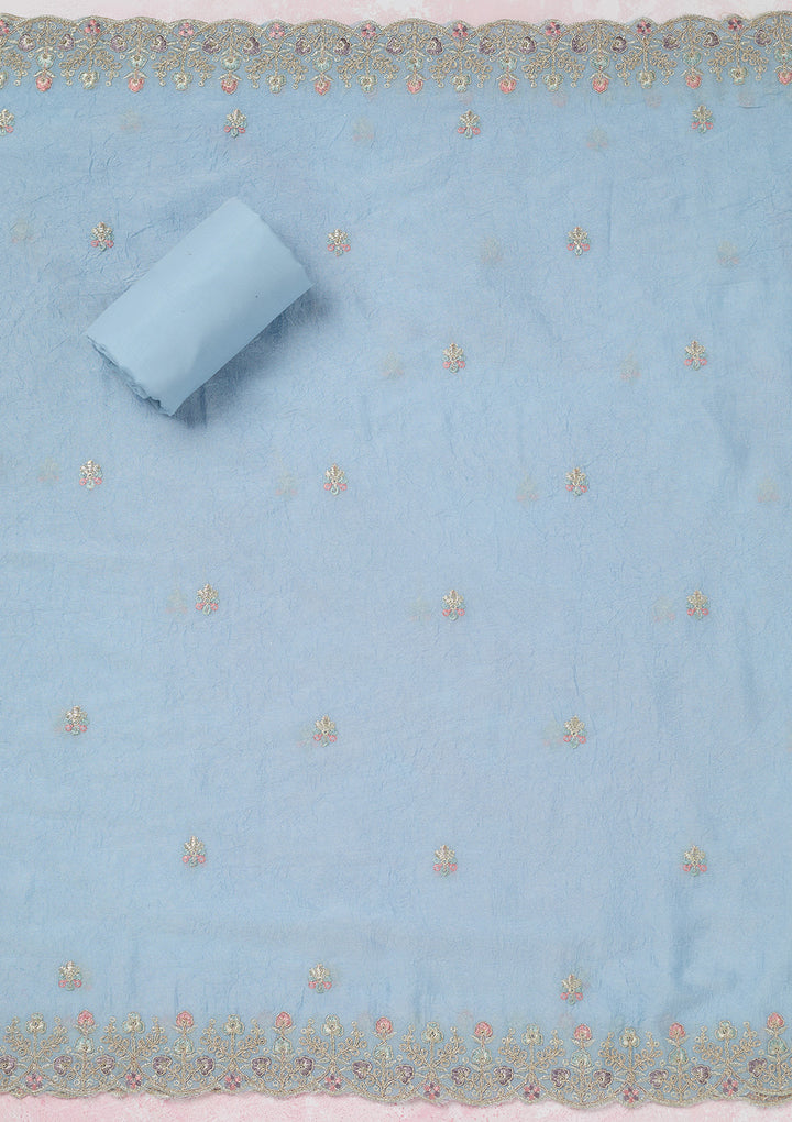 Sky Blue Chinon Gold Zariwork Unstitched Dress Material With Matching Bottom And Dupatta