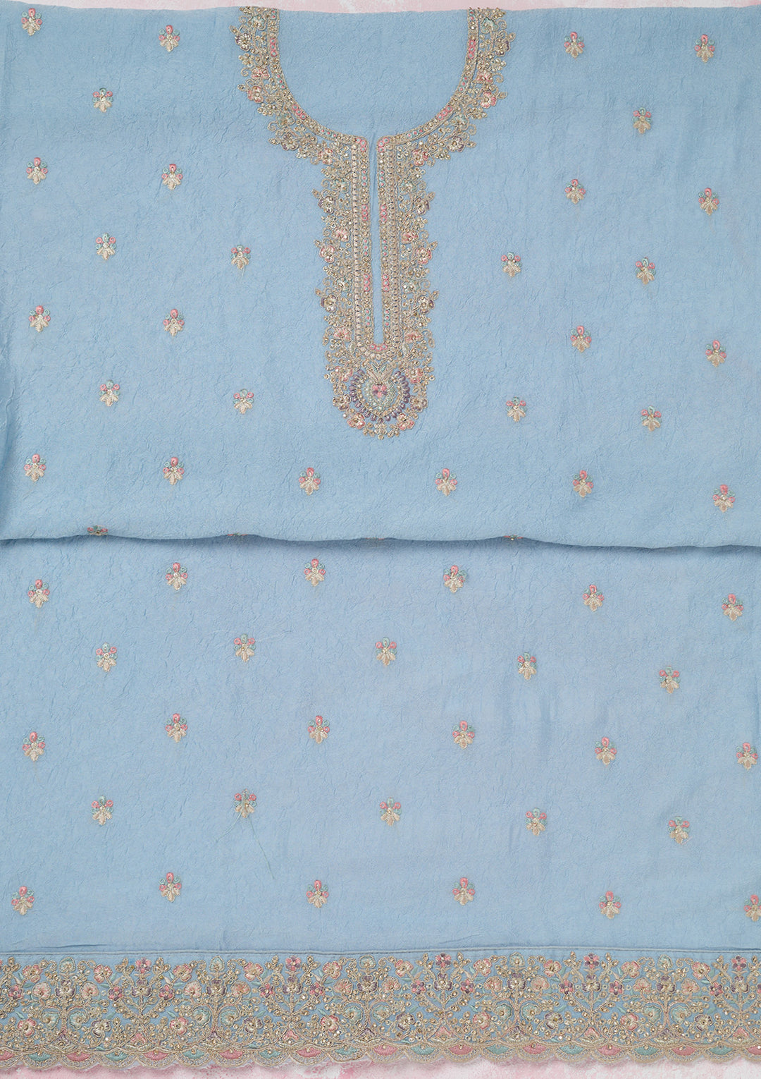 Sky Blue Chinon Gold Zariwork Unstitched Dress Material With Matching Bottom And Dupatta
