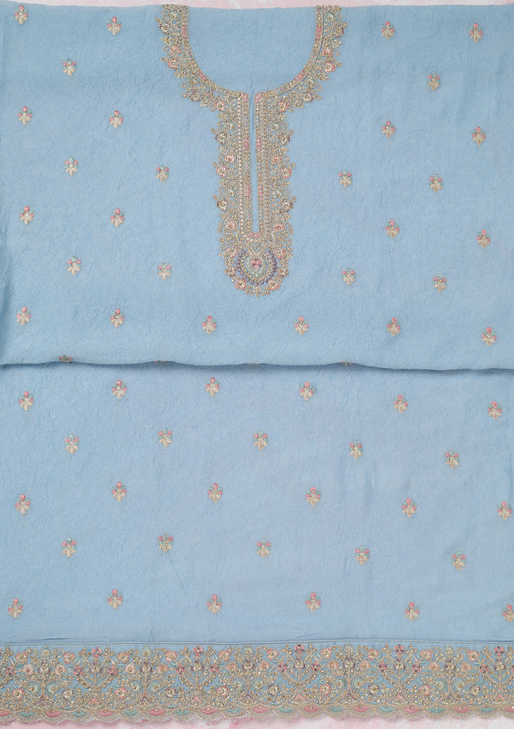 Sky Blue Chinon Gold Zariwork Unstitched Dress Material With Matching Bottom And Dupatta