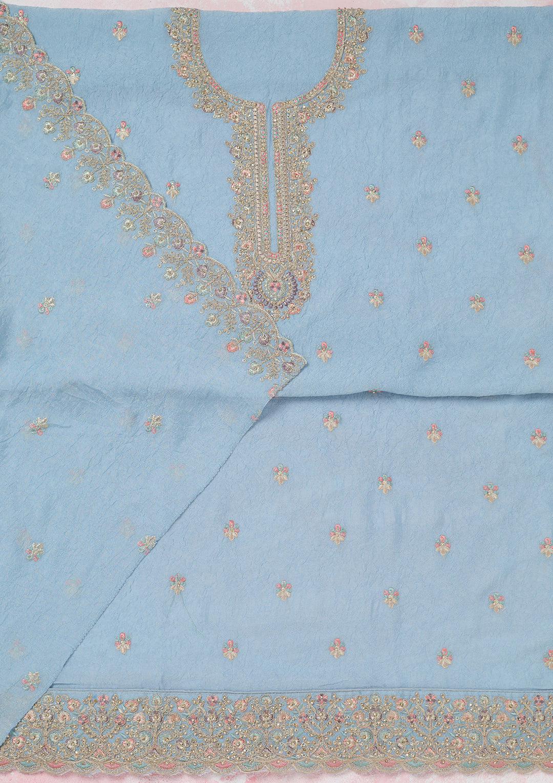 Sky Blue Chinon Gold Zariwork Unstitched Dress Material With Matching Bottom And Dupatta