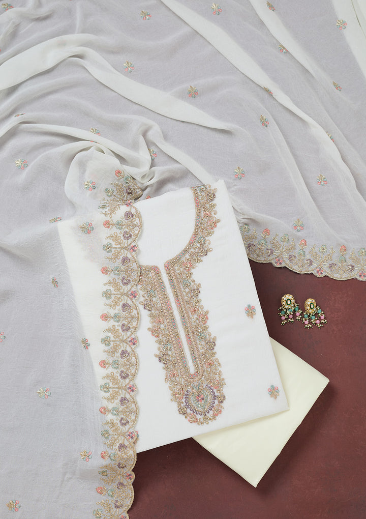 White Chinon Gold Zariwork Unstitched Dress Material With Matching Bottom And Dupatta