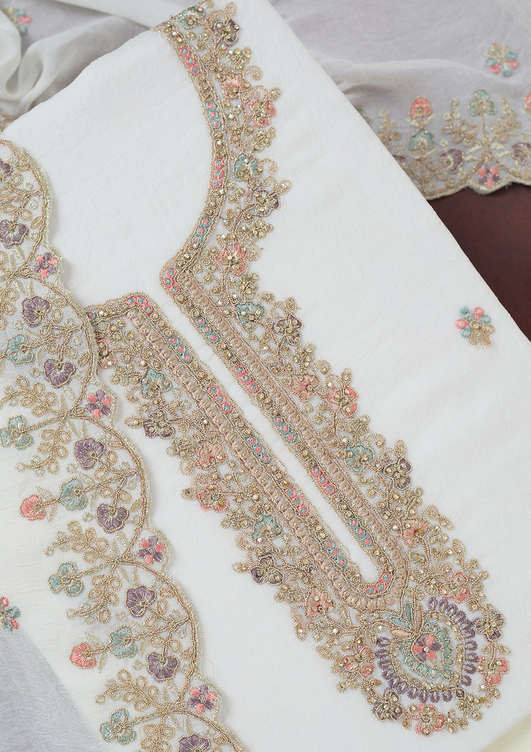 White Chinon Gold Zariwork Unstitched Dress Material With Matching Bottom And Dupatta