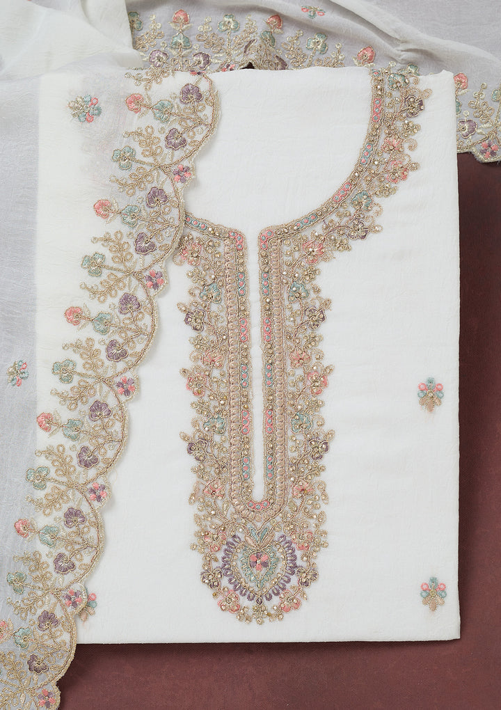 White Chinon Gold Zariwork Unstitched Dress Material With Matching Bottom And Dupatta