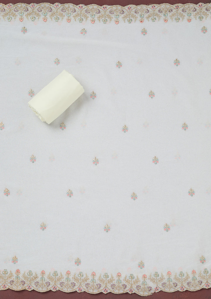 White Chinon Gold Zariwork Unstitched Dress Material With Matching Bottom And Dupatta