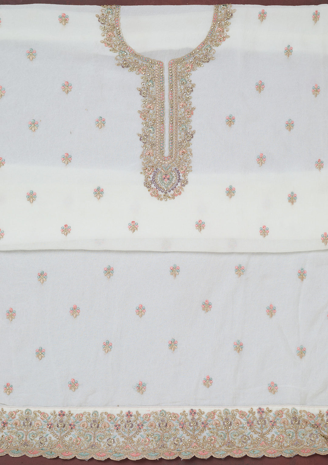 White Chinon Gold Zariwork Unstitched Dress Material With Matching Bottom And Dupatta