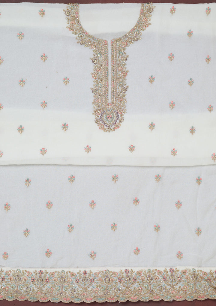 White Chinon Gold Zariwork Unstitched Dress Material With Matching Bottom And Dupatta