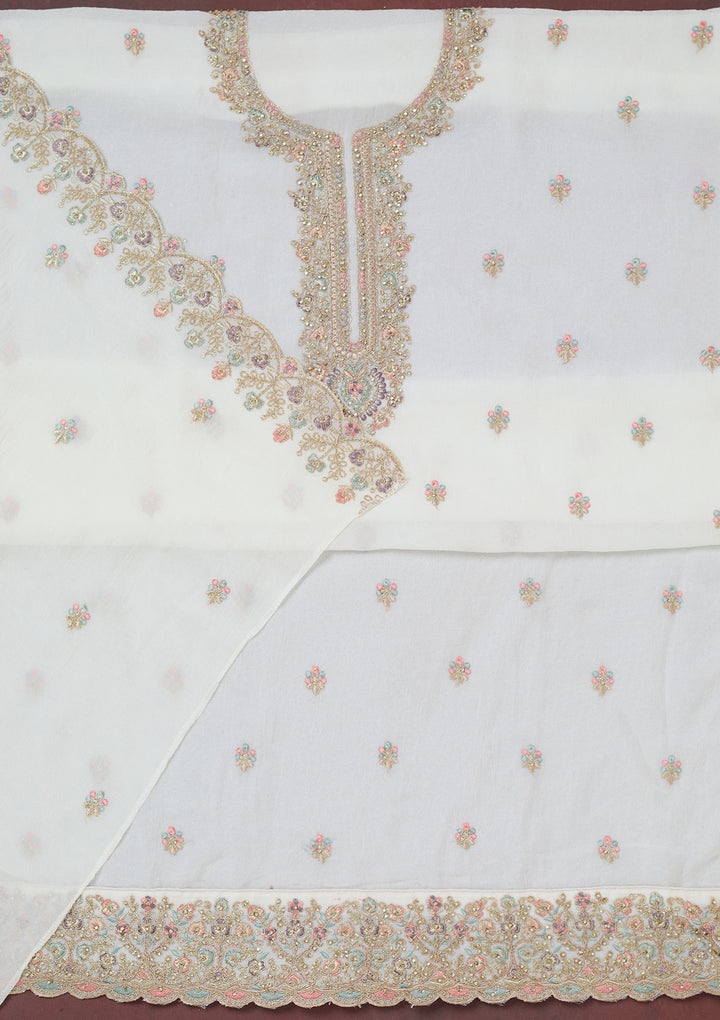 White Chinon Gold Zariwork Unstitched Dress Material With Matching Bottom And Dupatta