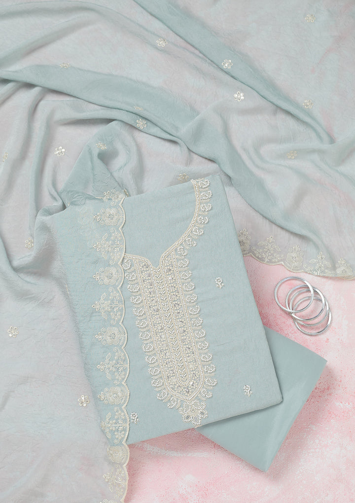 Sea Green Pearlwork Soft Raw Silk Unstitched Salwar Suit