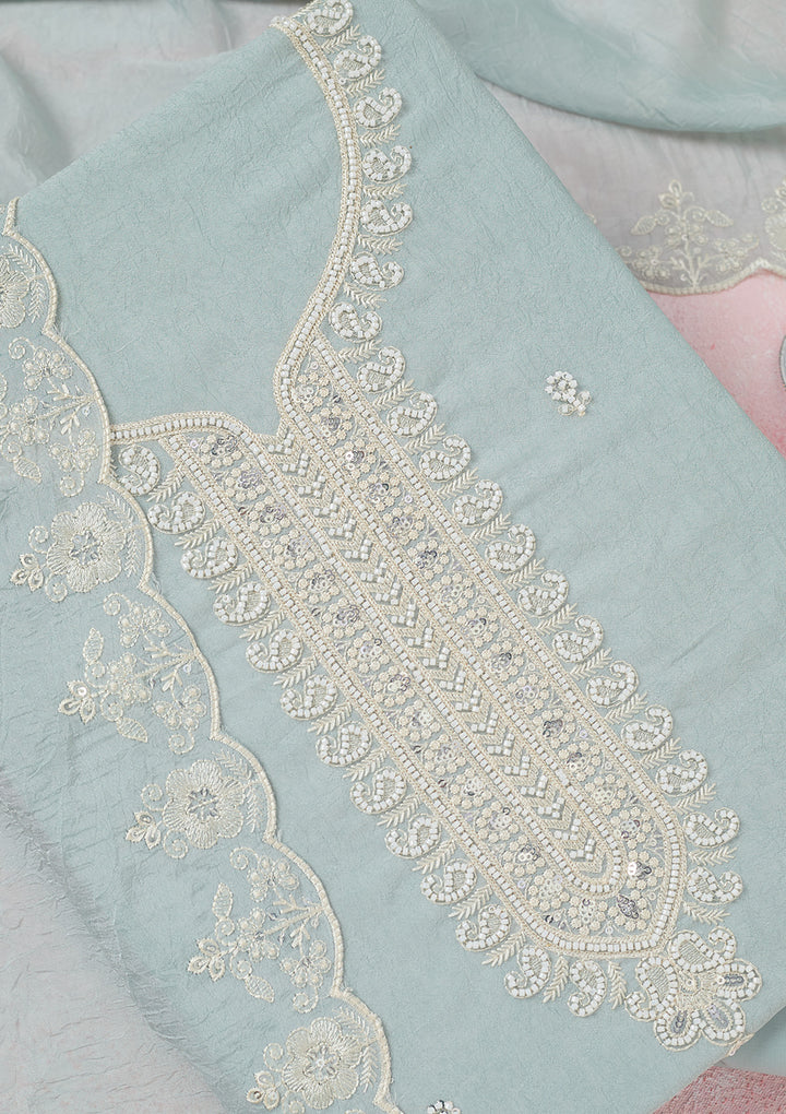 Sea Green Pearlwork Soft Raw Silk Unstitched Salwar Suit