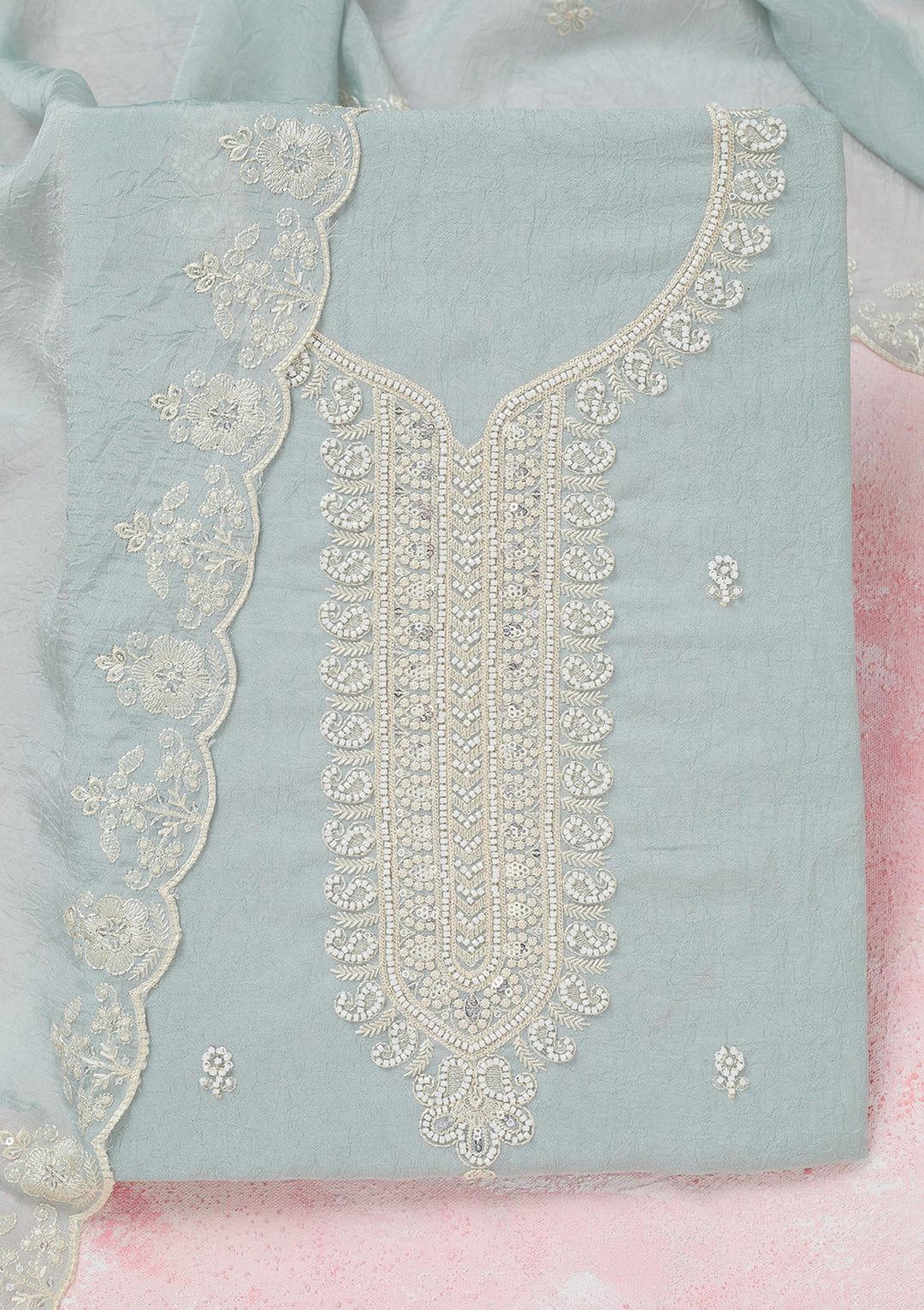 Sea Green Pearlwork Soft Raw Silk Unstitched Salwar Suit