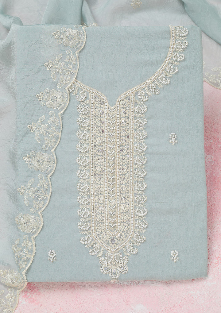 Sea Green Pearlwork Soft Raw Silk Unstitched Salwar Suit