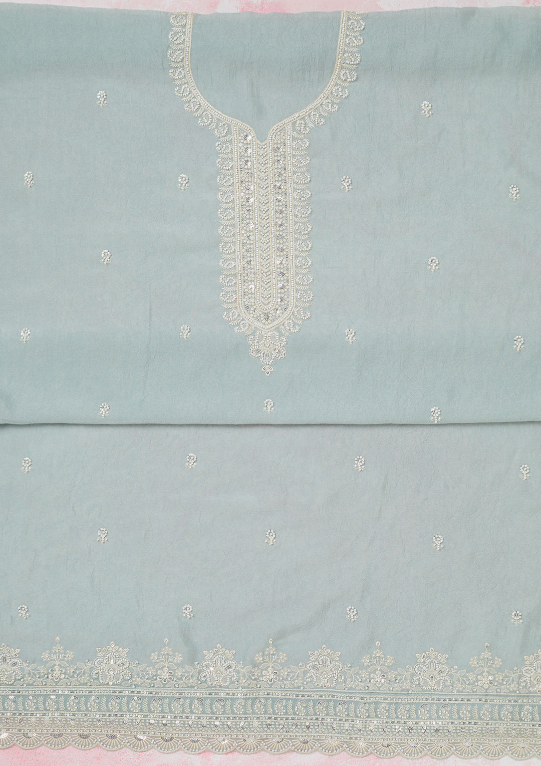 Sea Green Pearlwork Soft Raw Silk Unstitched Salwar Suit